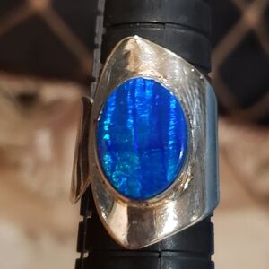 Vintage Sterling Silver Ring With A Vivid Blue Opal Stone